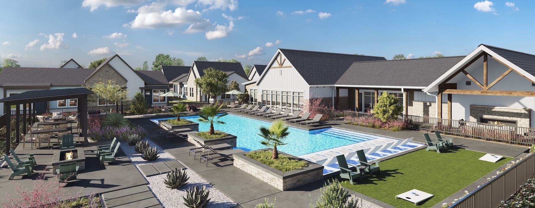 an aerial view of a courtyard with a swimming pool