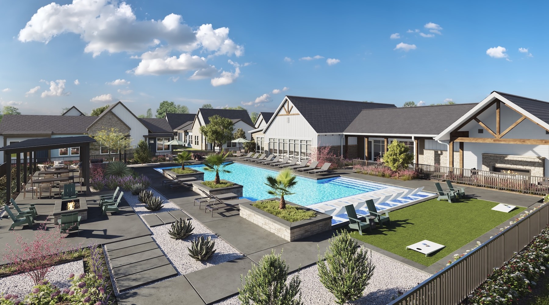 an aerial view of a swimming pool